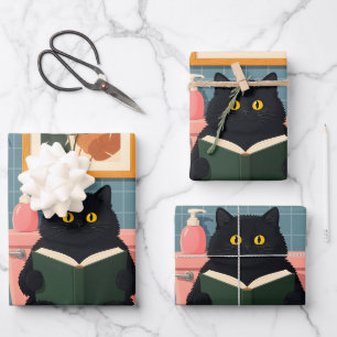 Cute Book Lover Cat Bathroom Art Wrapping Paper Sheet