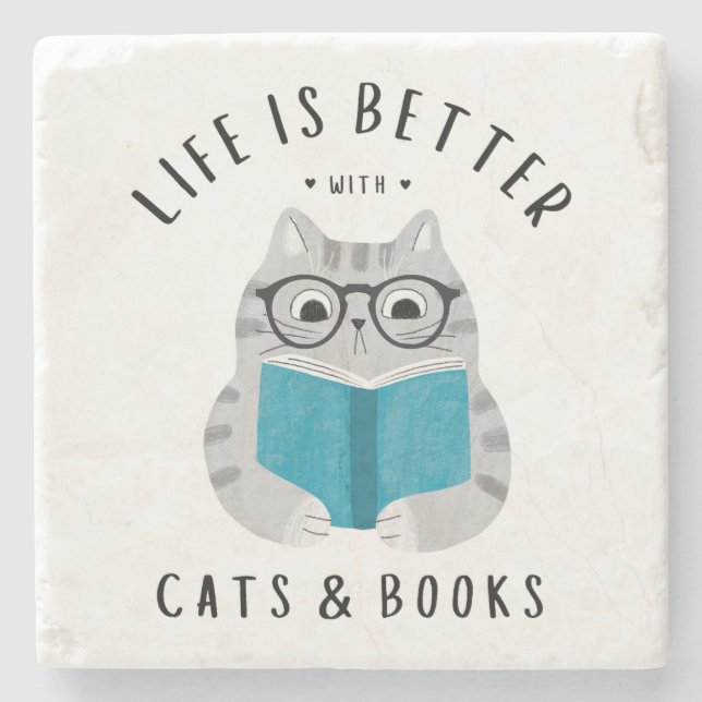 Cute Book Lover Cat Reading Book  Stone Coaster (Front)