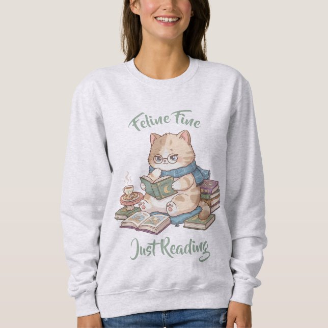 Cute Book Lover Sweater Cozy Cat Reading (Front)