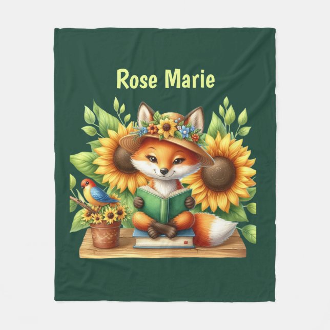 Cute book lovers add name fox  fleece blanket (Front)