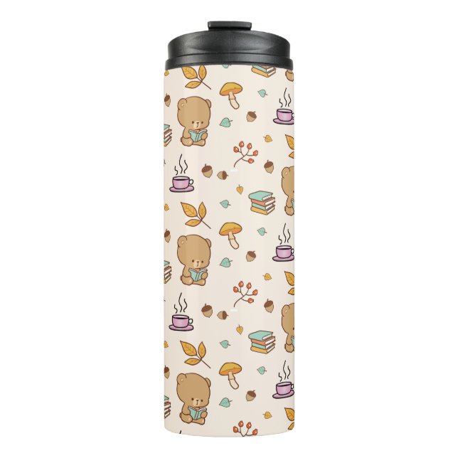 Cute Book Lovers Woodland Bear Pattern Thermal Tumbler (Front)