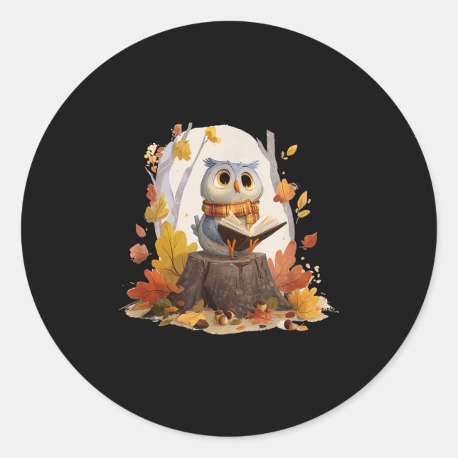Cute Book Loving Owl In Fall Forest Costume  Classic Round Sticker (Front)