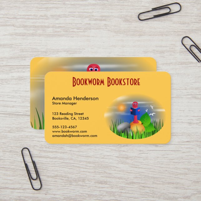Cute Book Store Bookworm Business Cards (Front/Back In Situ)