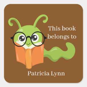 cute book worm add name Square Sticker