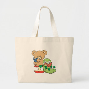 Cute Book Worm and Reading Bear Large Tote Bag