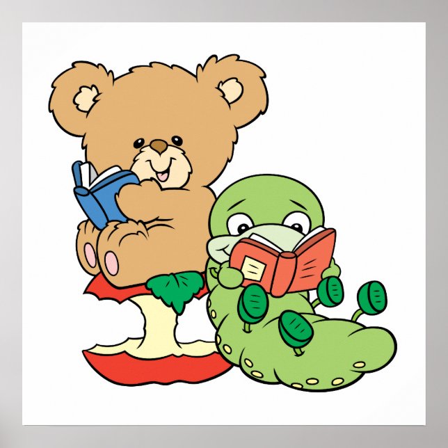Cute Book Worm and Reading Bear Poster (Front)