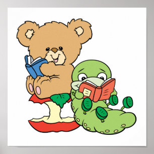 Cute Book Worm and Reading Bear Poster