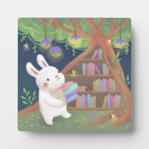 Cute Bookaholic Bunny Illustration Plaque