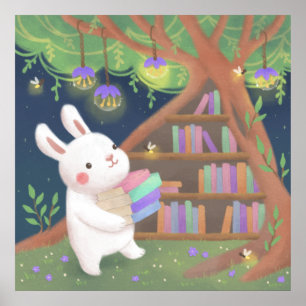 Cute Bookaholic Bunny Illustration Poster