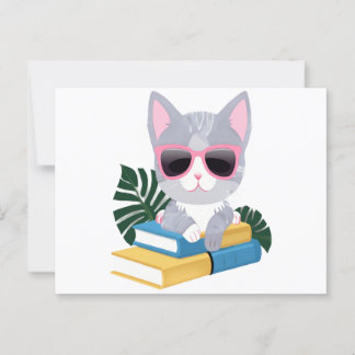 Cute Bookish Cat with Pink Glasses – Kawaii Smart  Postcard