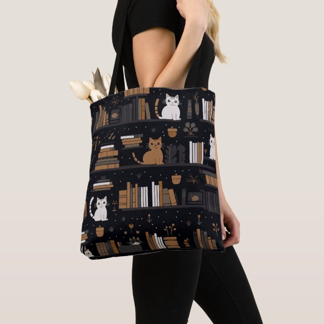 Cute Bookish Cats Books Brown Tote Bag (Close Up)