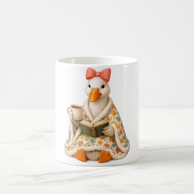 Cute Bookish Goose Drinking Coffee with Bow Fall  Coffee Mug (Center)