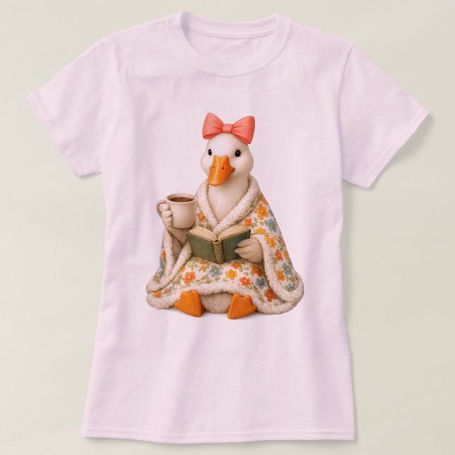 Cute Bookish Goose Drinking Coffee with Bow Fall  T-Shirt (Design Front)