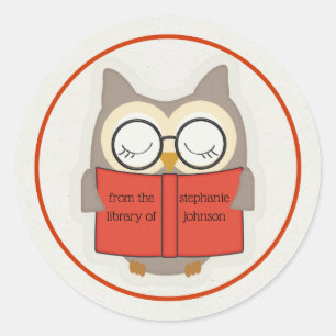 Cute Bookish Owl Red-Taupe-White Bookplate Classic Round Sticker