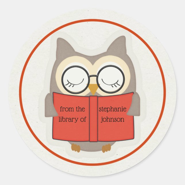 Cute Bookish Owl Red-Taupe-White Bookplate Classic Round Sticker (Front)