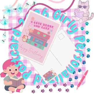 Cute Books & Cats Girly Pink Holiday Postcard 2026
