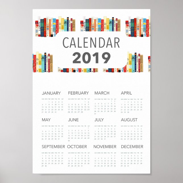 cute books illustration literary 2019 calendar poster (Front)