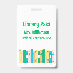 Cute Books School Library Hall Pass ID Badge