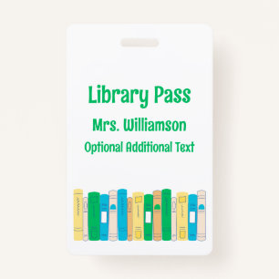 Cute Books School Library Hall Pass ID Badge