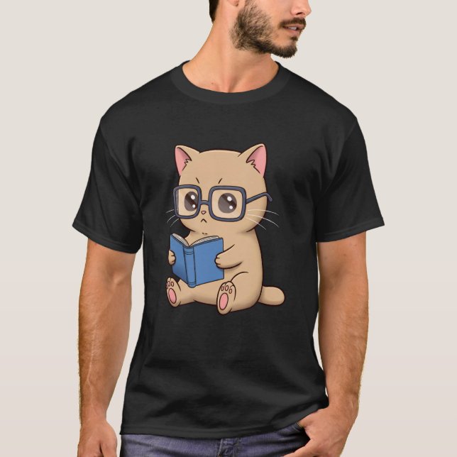 Cute Bookworm Cat Reading Funny Nerdy T-Shirt (Front)