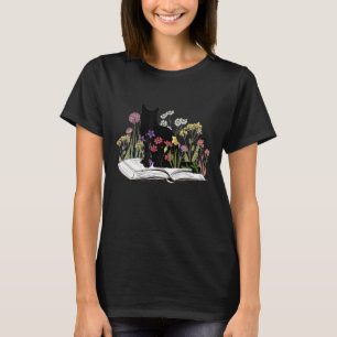 Cute Bookworm Flower Plant  Book Reading Cat Kitty T-Shirt
