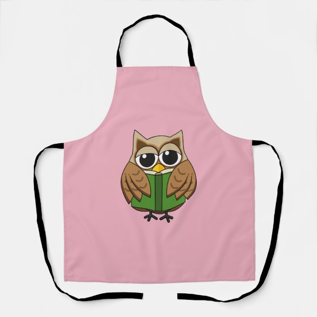 Cute Bookworm Owl Reading Book Cartoon Apron (Front)