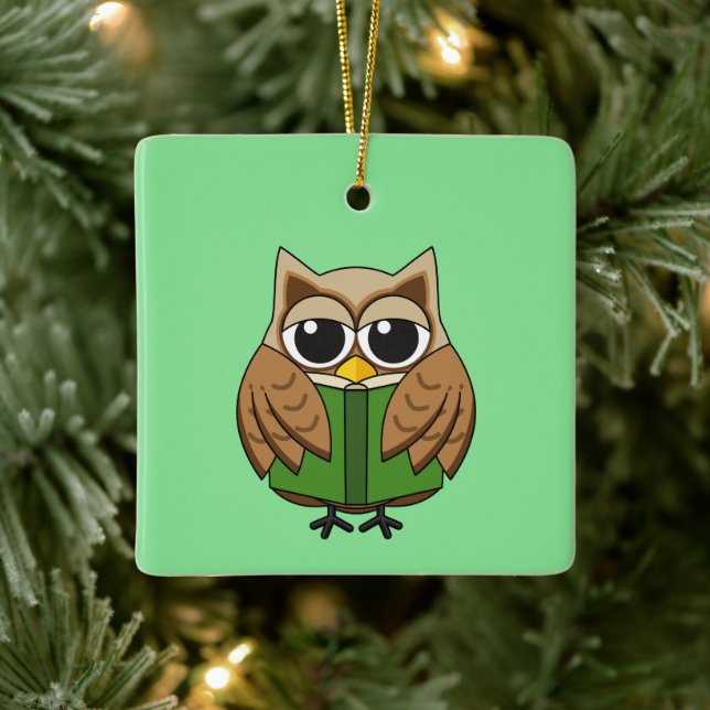Cute Bookworm Owl Reading Book Cartoon Ceramic Ornament (Tree)