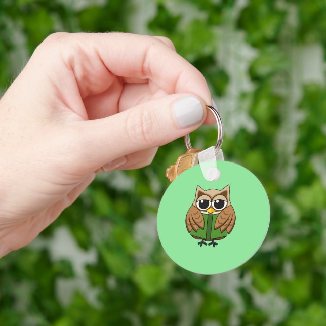 Cute Bookworm Owl Reading Book Cartoon Key Ring (Hand)