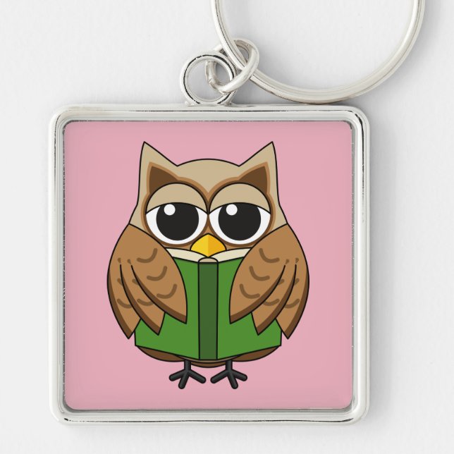 Cute Bookworm Owl Reading Book Cartoon Key Ring (Front)
