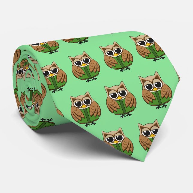 Cute Bookworm Owl Reading Book Cartoon Pattern Tie (Rolled)