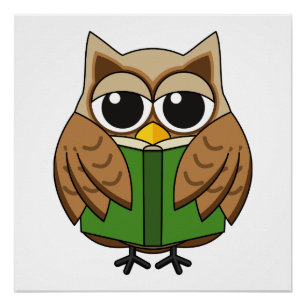 Cute Bookworm Owl Reading Book Cartoon Poster