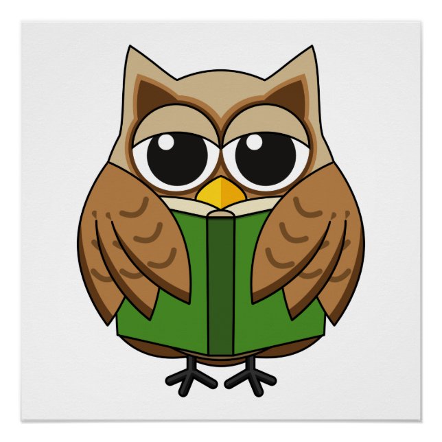 Cute Bookworm Owl Reading Book Cartoon Poster (Front)