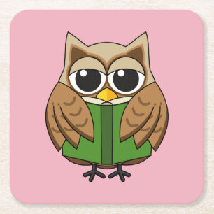 Cute Bookworm Owl Reading Book Cartoon Square Paper Coaster