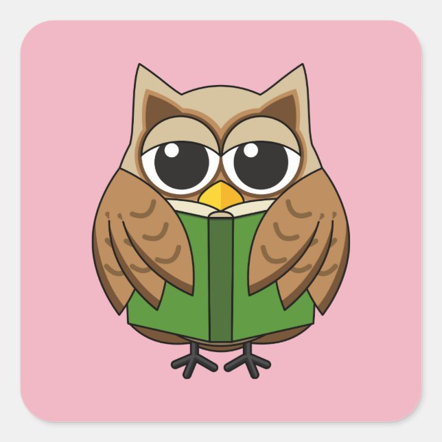 Cute Bookworm Owl Reading Book Cartoon Square Sticker (Front)