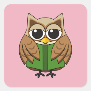 Cute Bookworm Owl Reading Book Cartoon Square Sticker