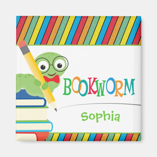 Cute Bookworm Sitting on Books Personalised Magnet (Front)