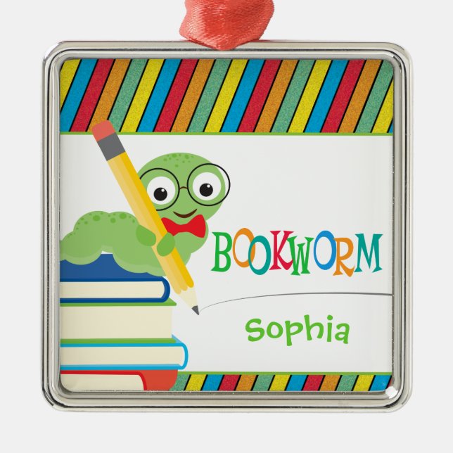 Cute Bookworm Sitting on Books Personalised Metal Tree Decoration (Front)
