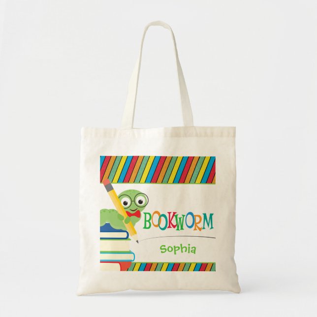 Cute Bookworm Sitting on Books Personalised Tote Bag (Front)