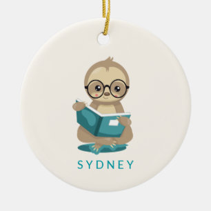 Cute Bookworm Sloth Reading Books Personalised   Ceramic Tree Decoration