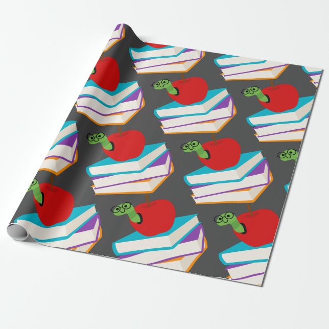 Cute bookworm with apple children's design wrapping paper (Unrolled)