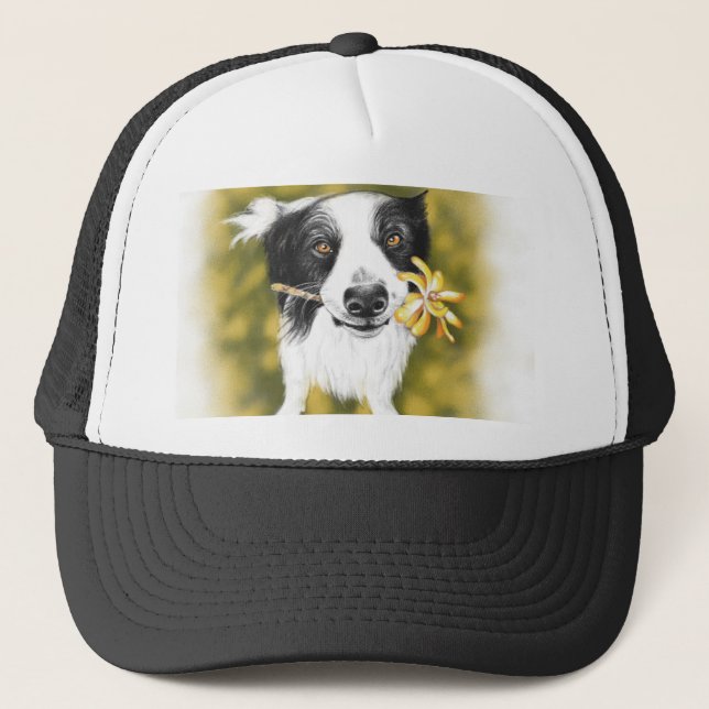 Cute Border Collie And Flowers Trucker Hat (Front)