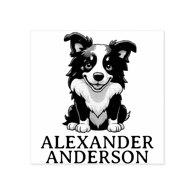 Cute Border Collie Cartoon Personalise Rubber Stamp (Imprint)