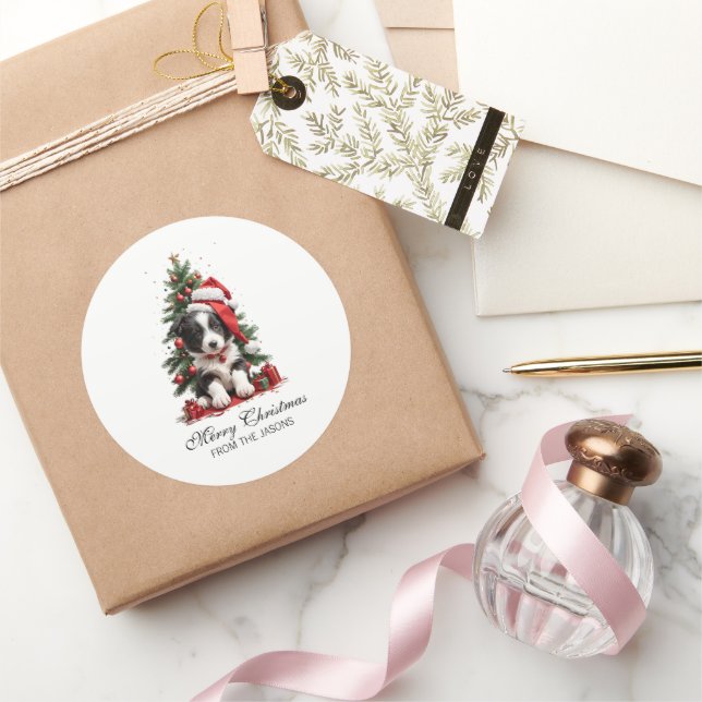 Cute Border Collie Christmas Puppy Personalised Classic Round Sticker (Gifting)