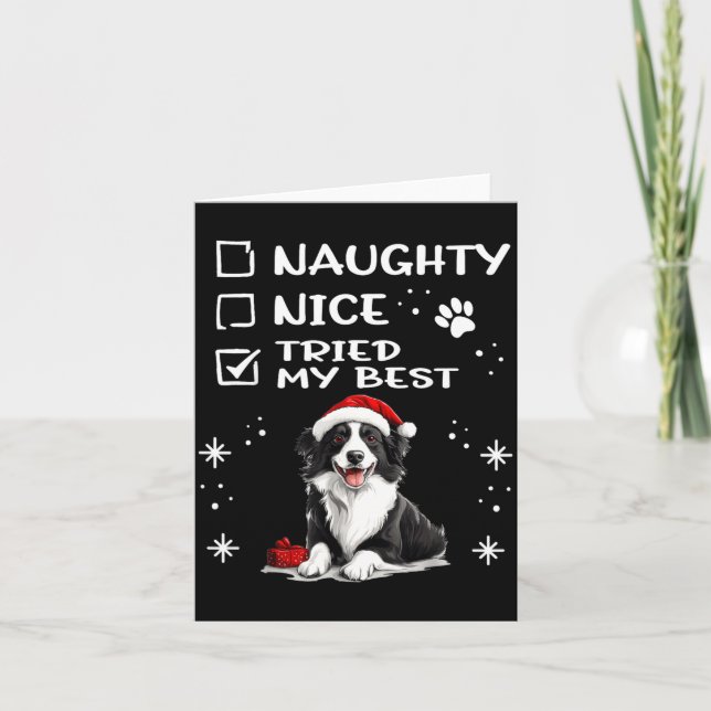 Cute Border Collie Dog Christmas Naughty Nice Trie Card (Front)