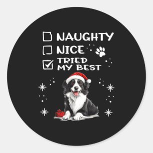 Cute Border Collie Dog Christmas Naughty Nice Trie Classic Round Sticker