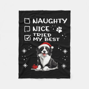 Cute Border Collie Dog Christmas Naughty Nice Trie Fleece Blanket