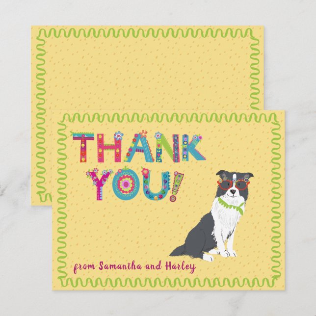 Cute Border Collie Dog Colourful Floral Letters    Thank You Card (Front/Back)