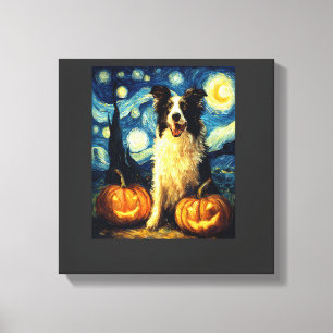 Cute Border Collie Dog Halloween Jack O Lantern Pu Canvas Print