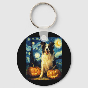 Cute Border Collie Dog Halloween Jack O Lantern Pu Key Ring