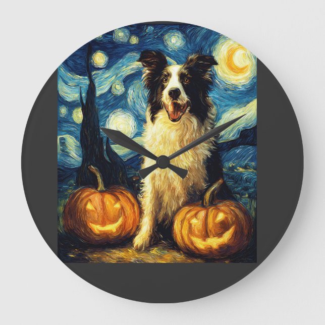 Cute Border Collie Dog Halloween Jack O Lantern Pu Large Clock (Front)
